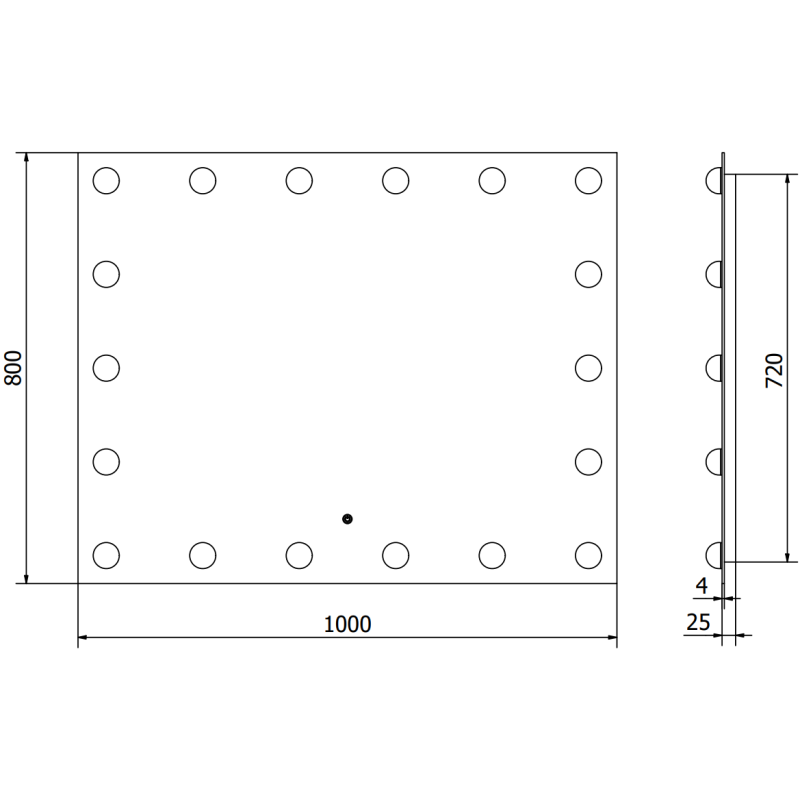 Speil med lys teknisk tegning av rektangulært LED-speil 100x80 cm med mål og tverrsnitt.