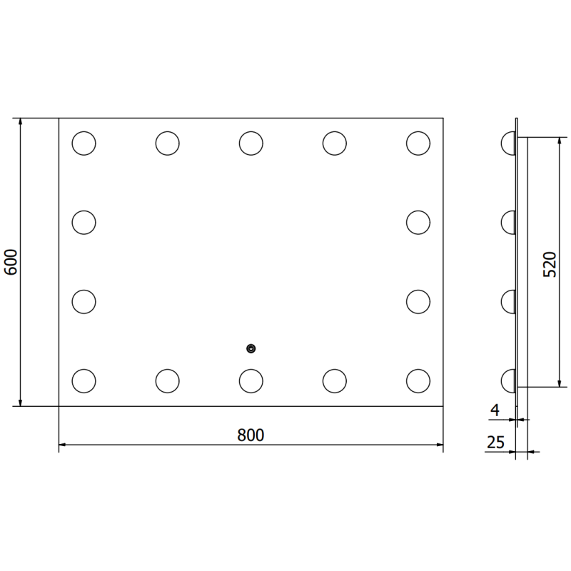 Speil med lys teknisk tegning av rektangulært LED-speil 80 x 60 cm med mål og hull markert.