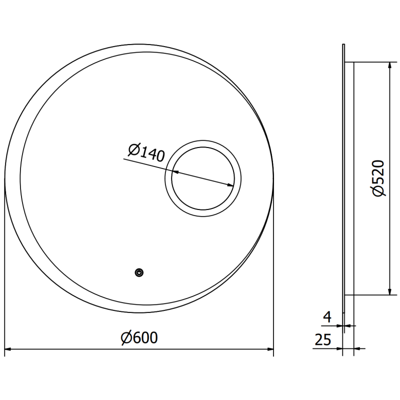 Speil med lys teknisk tegning av rund LED-speil Mexen Ella 60 cm med mål og tykkelser angitt.