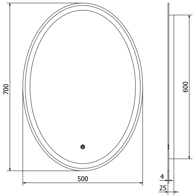 Speil med lys teknisk strekillustrasjon av rektangulært LED-speil 50 x 70 cm med mål og skruehull.