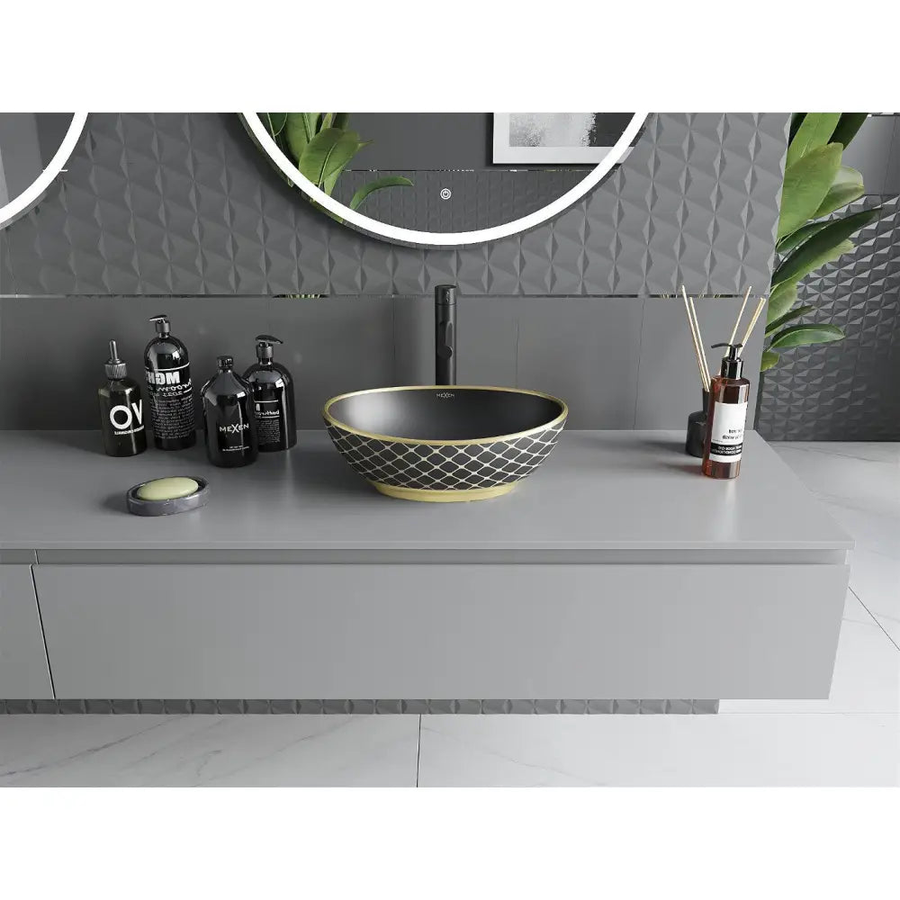 Mexen Elza Servant for Montering på Benkeplate 40x33 Cm Matt Sort/gull Rutenett Mønster