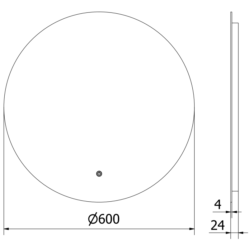 Speil til bad teknisk tegning av rundt LED-speil 60 cm, vises forfra og fra siden med mål.