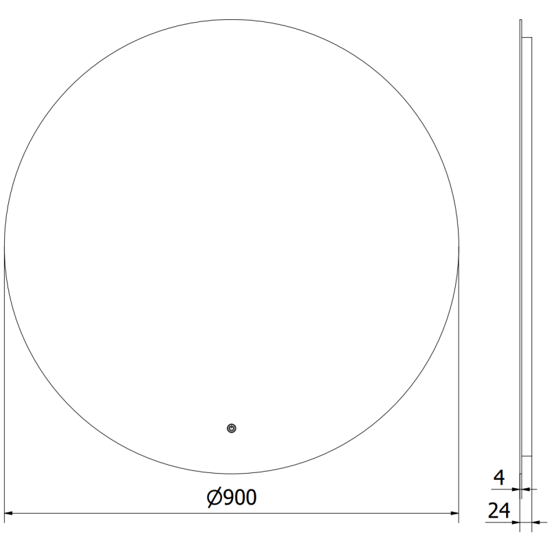 Speil til bad med LED-lys, rund modell 90 cm, vises forfra og fra siden med måltegning.