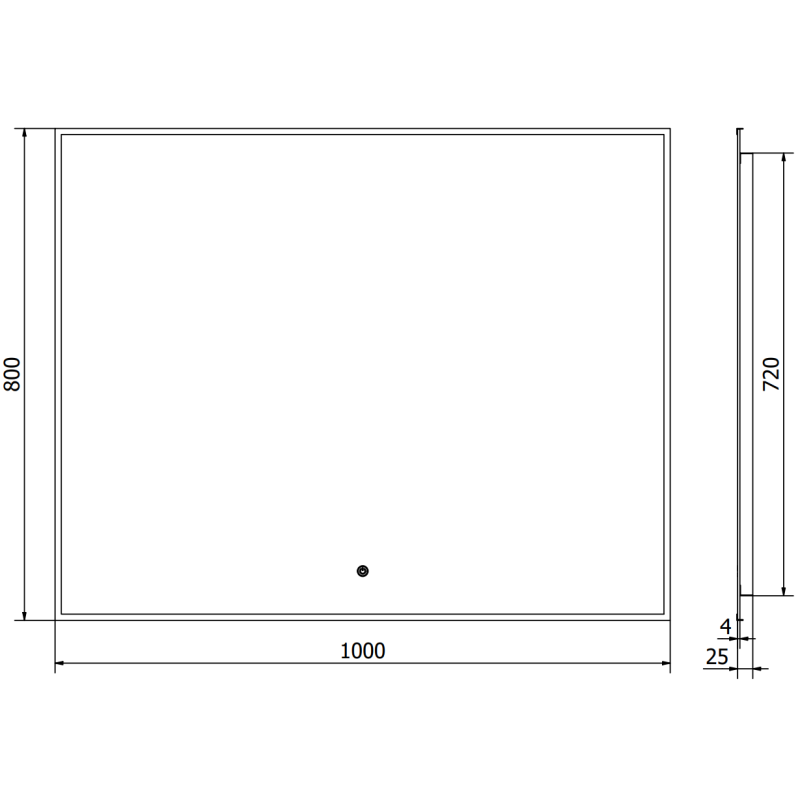 Speil med lys teknisk tegning av rektangulært LED-speil 100 x 80 cm med svart ramme og mål.