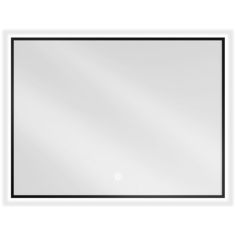 Speil med lys 80 x 60 cm LED antidugg med svart tynn ramme og berøringsknapp sett forfra.