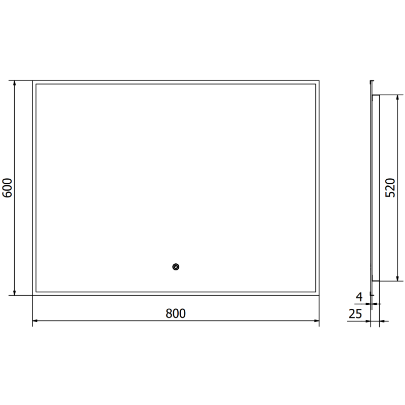 Speil med lys teknisk tegning av Mexen Erma 80 x 60 cm med mål og plassering av hull.
