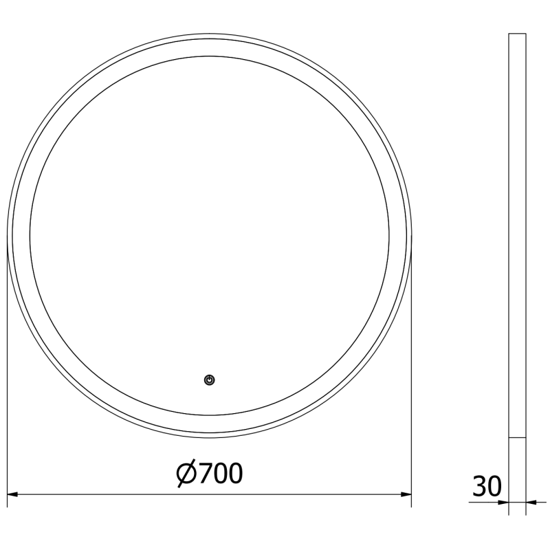 Speil med lys teknisk tegning av rundt LED-speil 70 cm med gullramme, diameter 700 mm, tykkelse 30 mm.