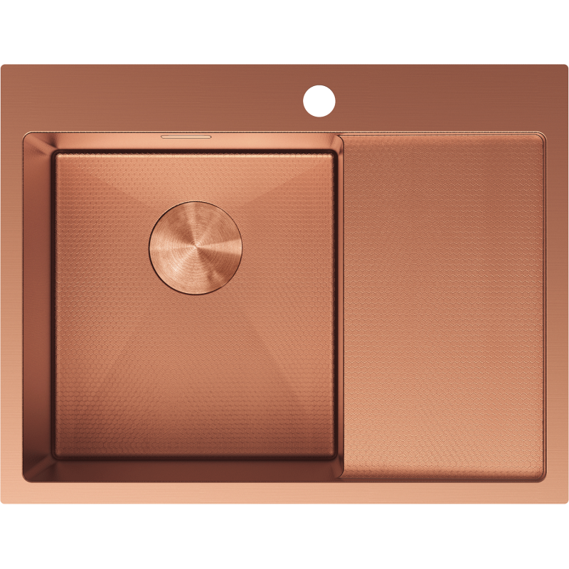 Kjøkkenvask i stål 620 x 480 mm i børstet kobber med ett kum og strukturert avrenningsflate, sett ovenfra.