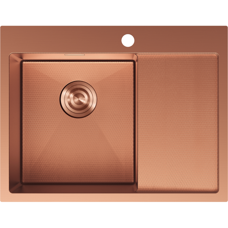 Stålvask Mexen 6431621005l-65hc i kobber med én kum til venstre og bikubemønstret avrinningsfelt.