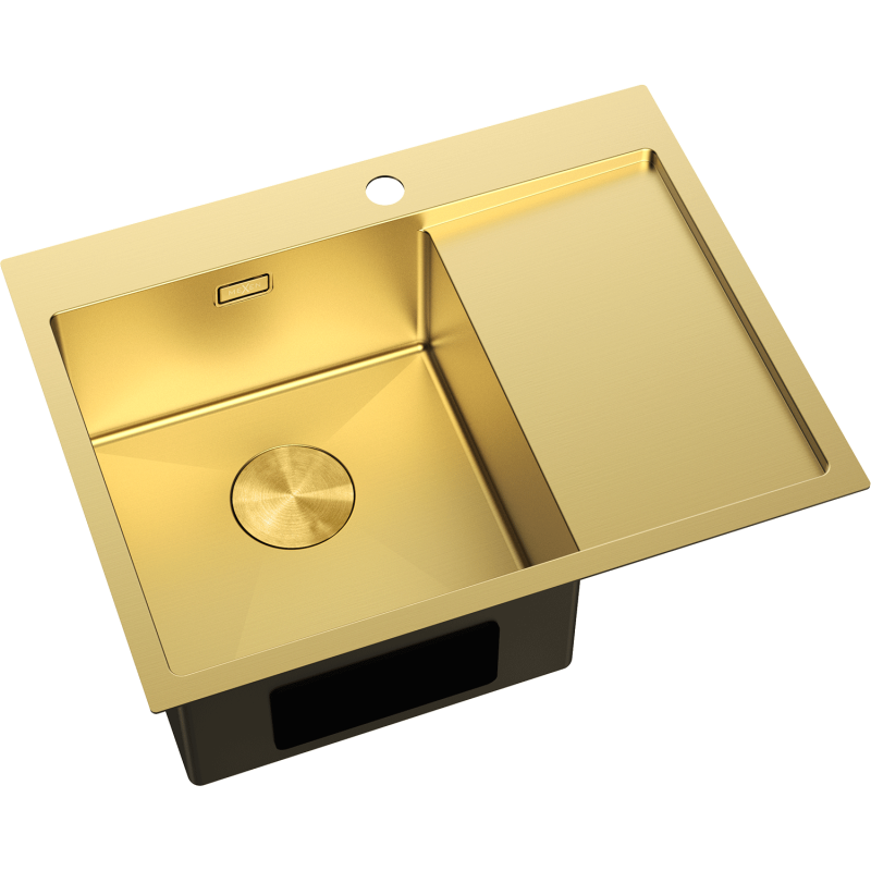 Stål Kjøkkenvask Mexen Exar i gull, rektangulær med stor kum og avrenningsflate, sett skrått ovenfra.