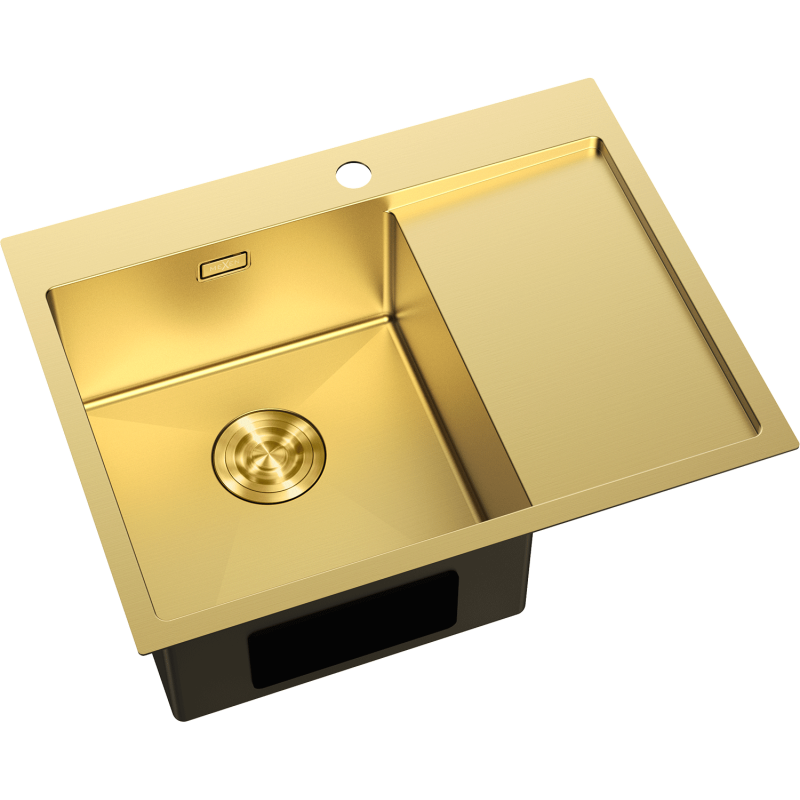 Kjøkkenvask Rustfritt Stål i gull, ett stort kum og glatt avrenningsflate, sett skrått ovenfra.