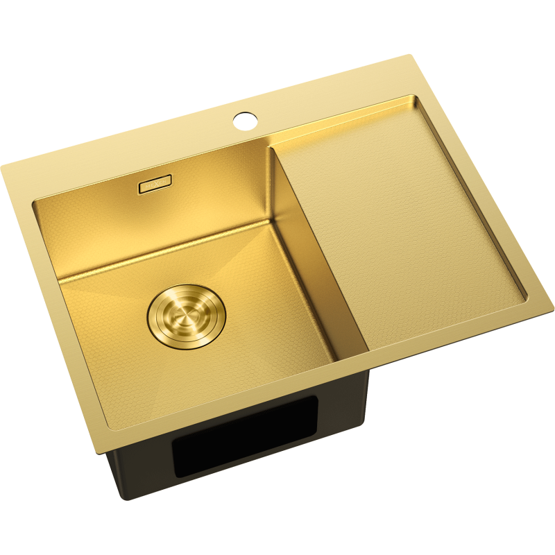 Kjøkkenvask Rustfritt Stål i gull, rektangulær, én kum og venstre avrenner, sett ovenfra på skrå.