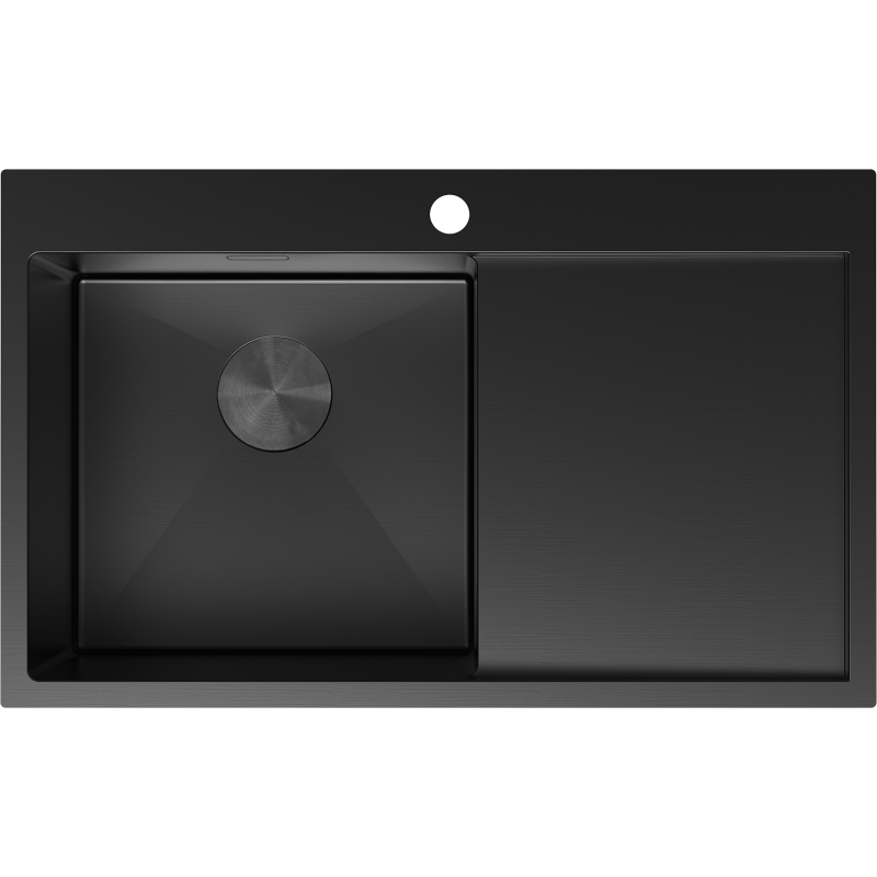 Kjøkkenvask i stål svart Mexen 780 x 480 mm med én kum og høyre avrenningsfelt, sett ovenfra.