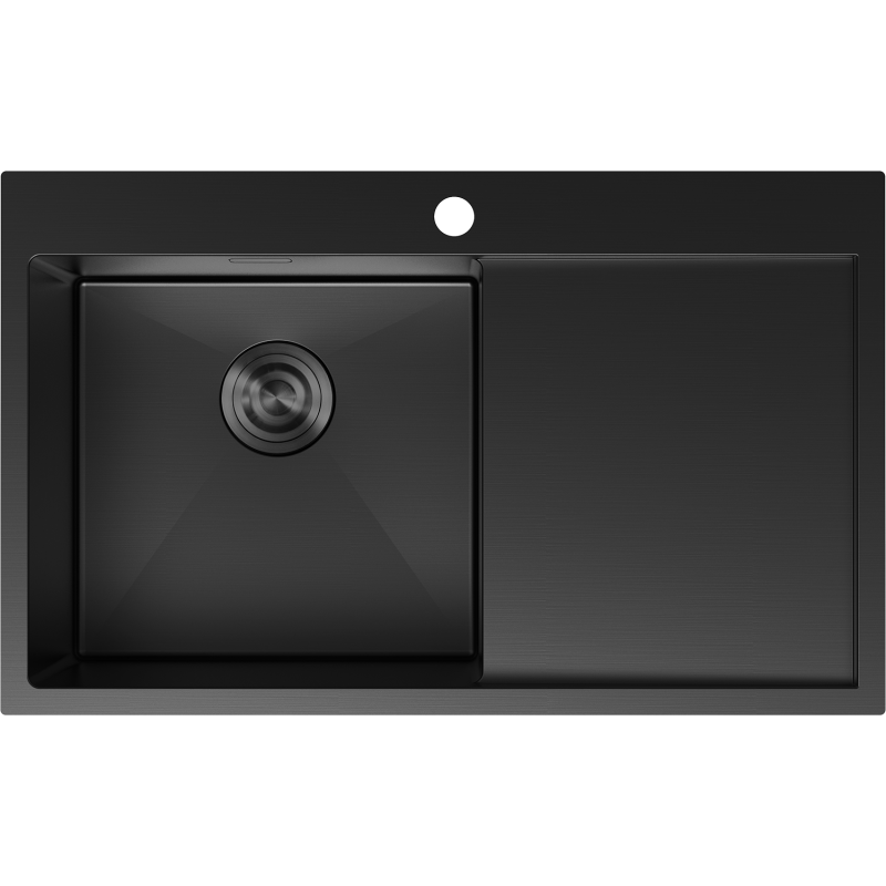 Stålvask Mexen 6433781010l-70 i matt sort med én kum til venstre og avrenner til høyre, sett ovenfra.