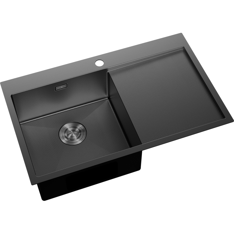 Kjøkkenvask Rustfritt Stål svart kjøkkenvask med matt finish, én kum og venstre avrenner, sett skrått ovenfra.
