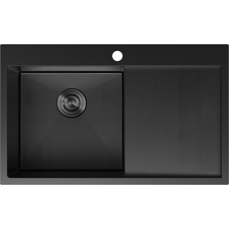 Stålvask Mexen 6433781010l-70hc i svart matt finish, sett ovenfra med venstre kum og høyre avrenner.