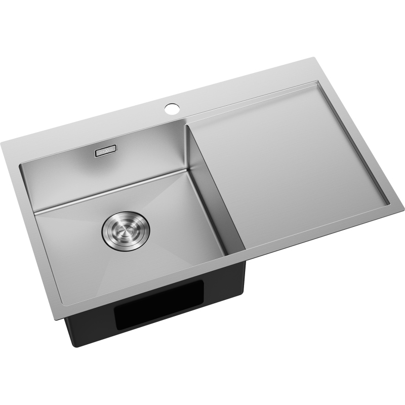 Kjøkkenvask Rustfritt Stål Mexen Exar med stor venstrekum, avrenningsfelt og sentrert armaturhull.