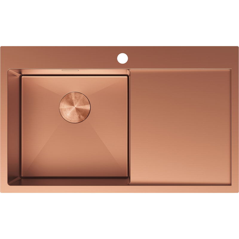 Kjøkkenvask i stål Mexen Exar 780 x 480 mm i børstet kobber, stor venstre kum og avrenningsfelt.