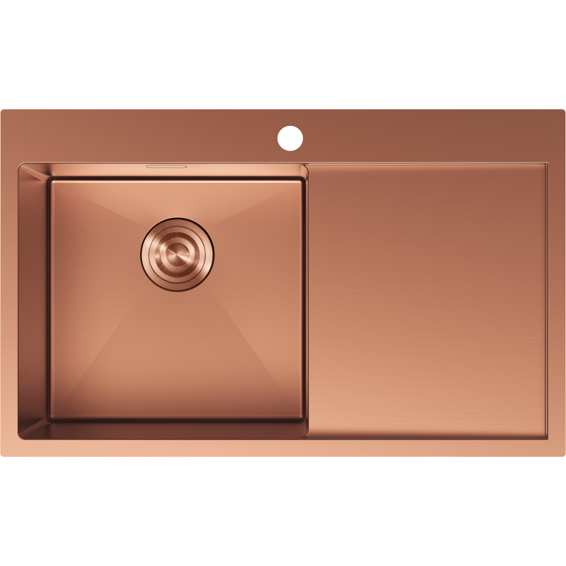 Stålvask Mexen Exar i kobber, sett ovenfra med stor venstrestilt kum og avrenningsfelt.