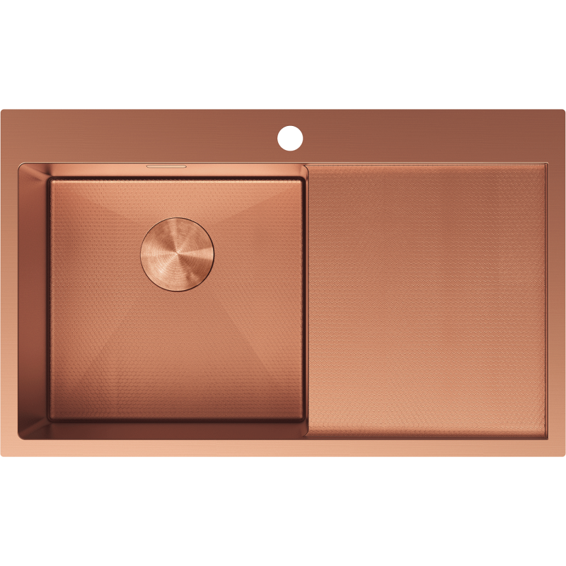 Kjøkkenvask i stål 780 x 480 mm fra Mexen Exar, børstet kobber, én kum til venstre og avrinningsfelt.