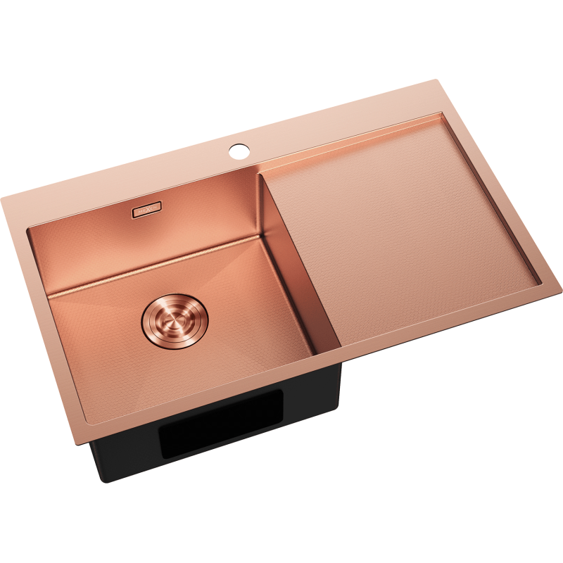 Kjøkkenvask Rustfritt Stål Mexen Exar 780x480 mm i børstet kobber, stor venstre kum og avrenningsbrett.