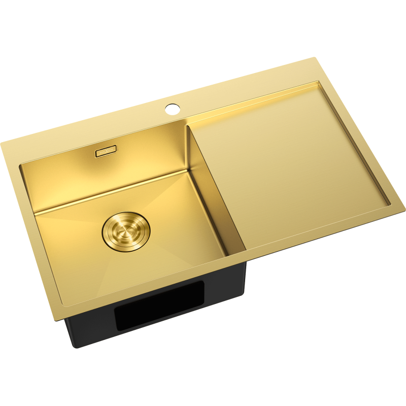Kjøkkenvask Rustfritt Stål gullfarget Mexen 780 x 480 mm med venstre kum og høyre avrenner.