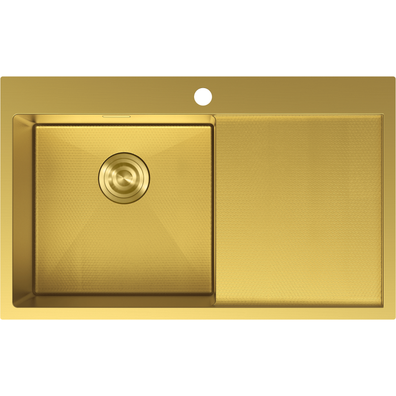 Stålvask Mexen 6433781010l-55hc i gull, sett ovenfra med stor venstrekum og rillet avrenningsfelt.