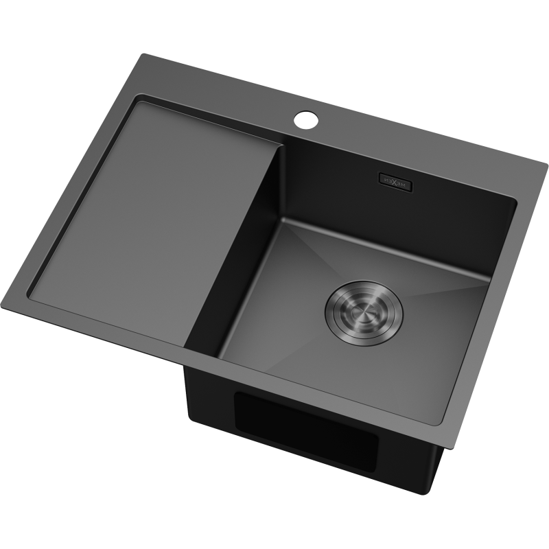 Kjøkkenvask Rustfritt Stål svart Mexen 620 x 480 mm med stor kum og venstre avrenningsfelt.