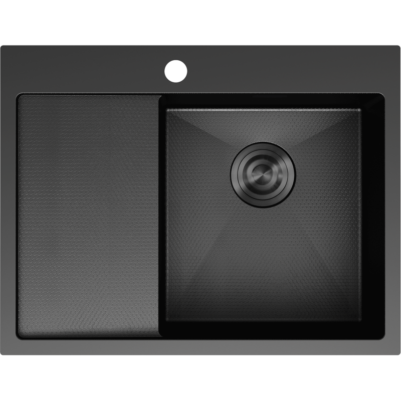 Stålvask Mexen Exar svart med én kum, høyre avrenner og sekskantmønstret overflate, sett ovenfra.