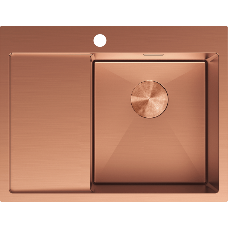 Kjøkkenvask i stål 620 x 480 mm, kobberfarget, sett ovenfra med én kum til høyre og avrenningsfelt.