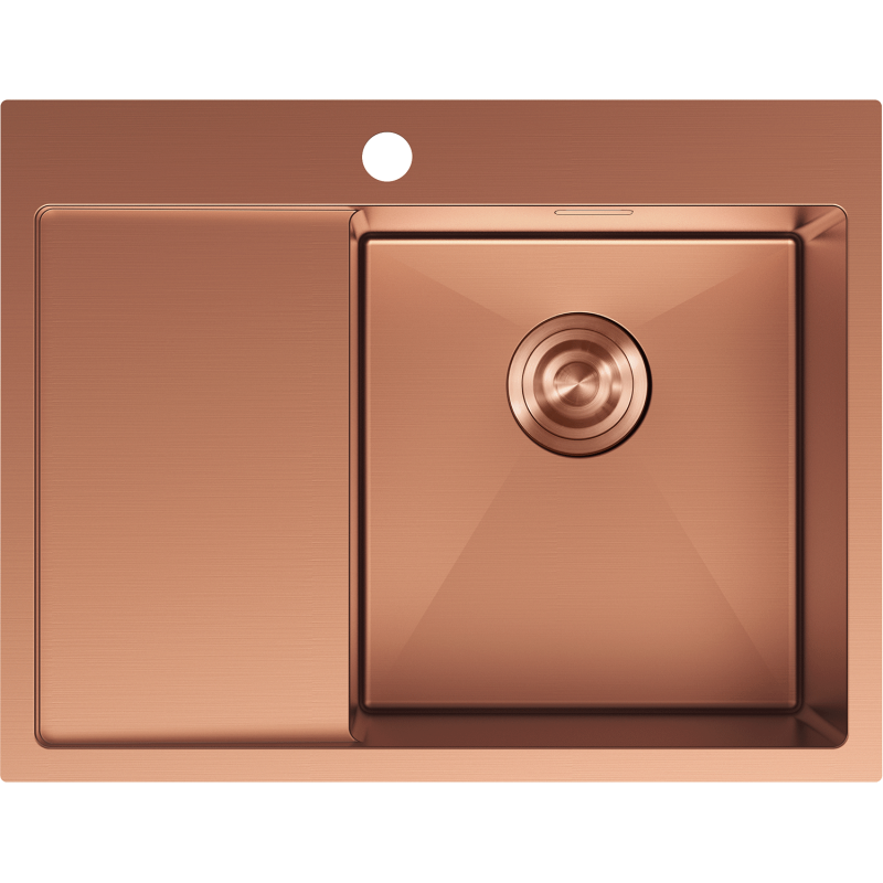Stålvask Mexen Exar i kobber, sett ovenfra med høyre kum, avrenningsfelt og synlig hull til armatur.