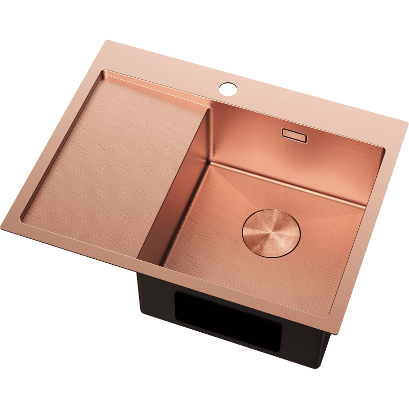 Stål Kjøkkenvask Mexen Exar i børstet kobber, én kum og strukturert høyre avrenner, sett skrått ovenfra.