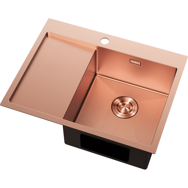 Kjøkkenvask Rustfritt Stål 620 x 480 mm i kobber med én kum og høyre avrenner, matt struktur.