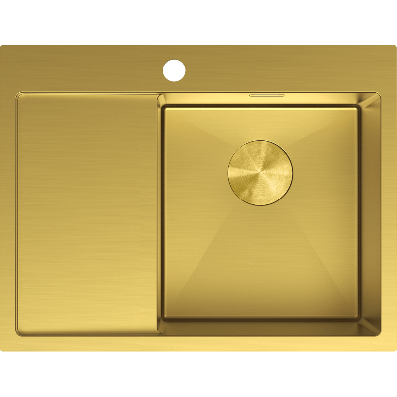 Kjøkkenvask i stål 620 x 480 mm gull med én kum høyre og avrenningsfelt til venstre.