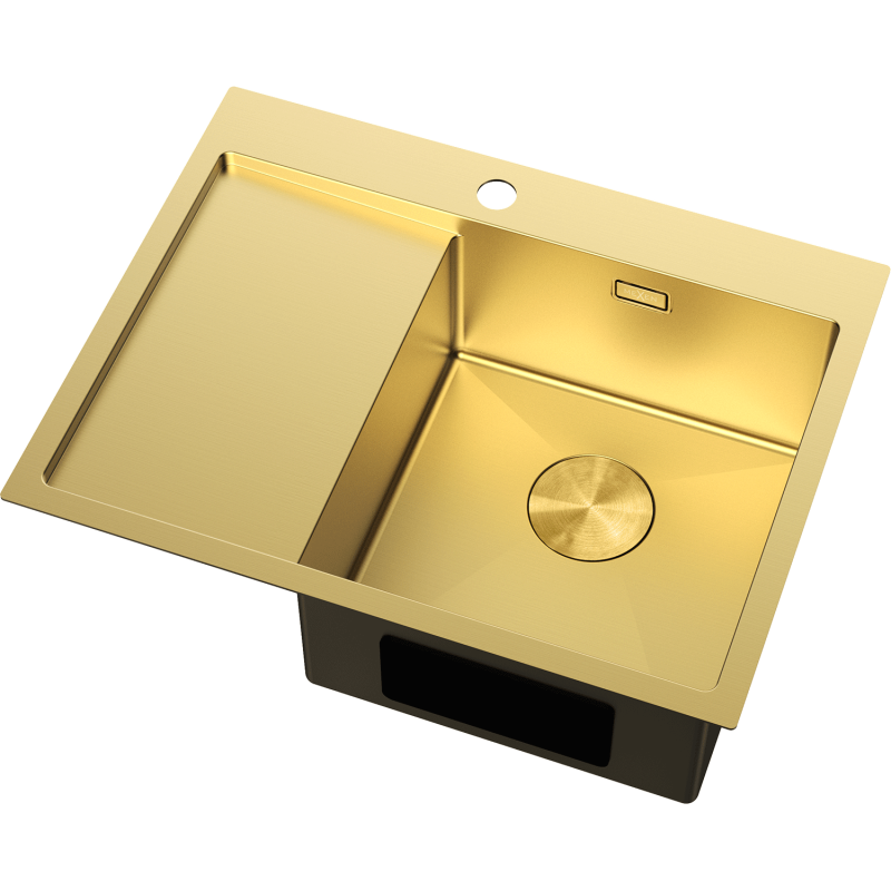 Stål Kjøkkenvask i gull fra Mexen med én stor kum, høyre avrenner og rundt overløp, sett skrått ovenfra.