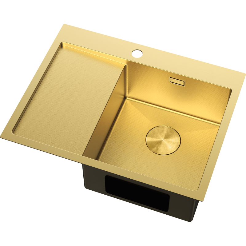 Stål Kjøkkenvask i gull, skrått ovenfra med én kum, bred avrenner og børstet finish.