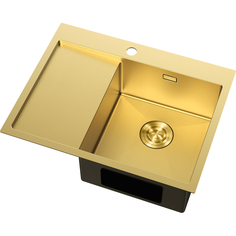Kjøkkenvask Rustfritt Stål i gullfinish, sett skrått ovenfra med stor kum, høyre avrenner og overløp.