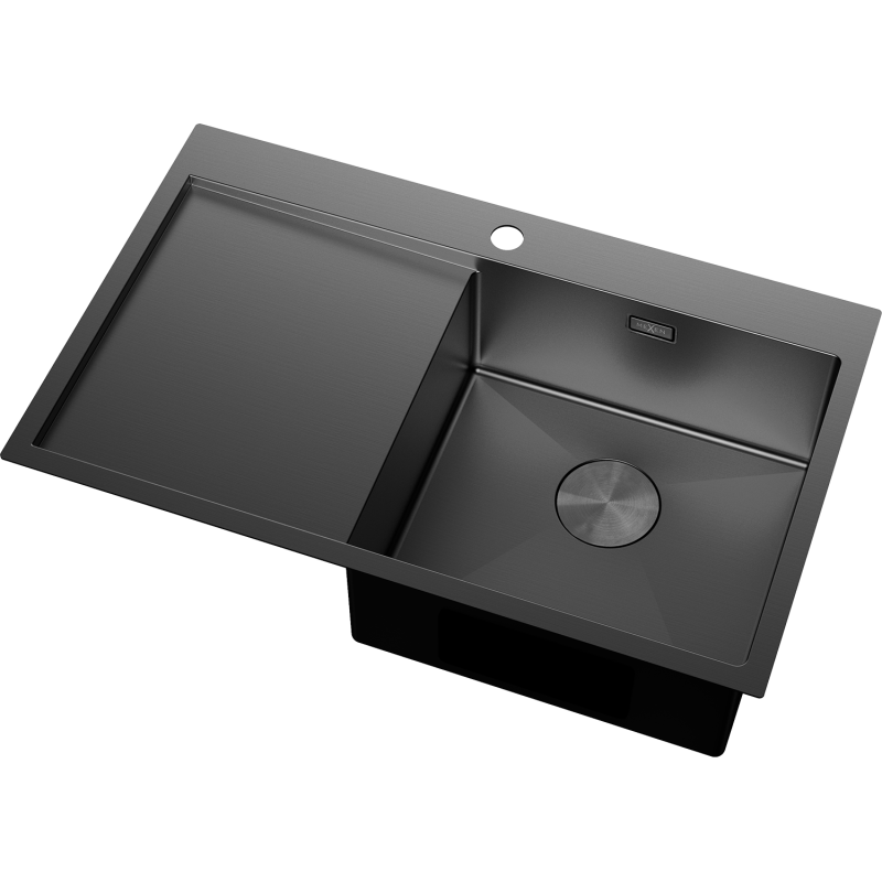 Stål Kjøkkenvask Mexen 780 x 480 mm svart med stor kum og venstre avrenningsfelt sett skrått ovenfra.