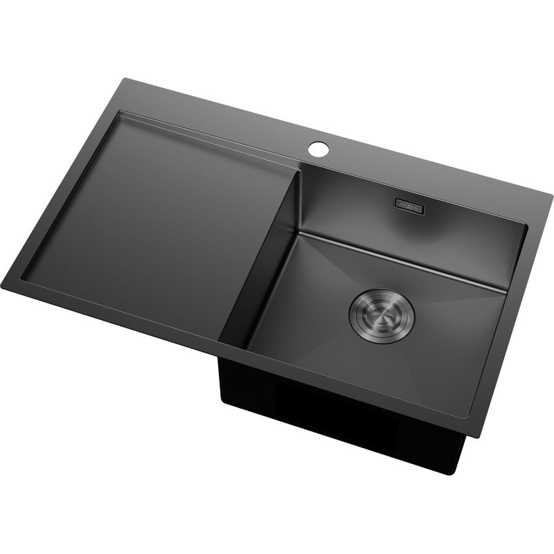 Kjøkkenvask Rustfritt Stål svart Mexen 780 x 480 mm med enkel kum og høyre avrenner, sett ovenfra.