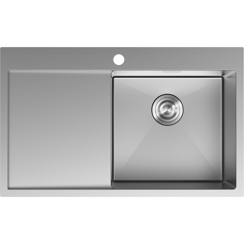 Stålvask Mexen 6434781010p-01 med ett kum og avrenningsfelt til venstre, sett ovenfra.