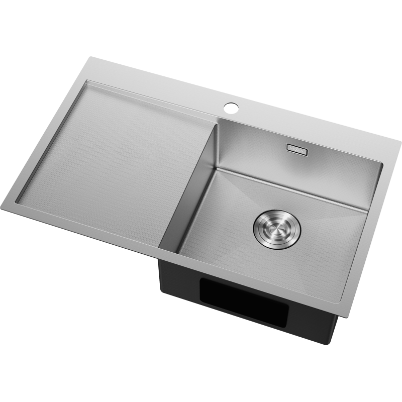 Kjøkkenvask Rustfritt Stål Mexen Exar 780 x 480 mm med stor kum og avrenner, sett skrått ovenfra.