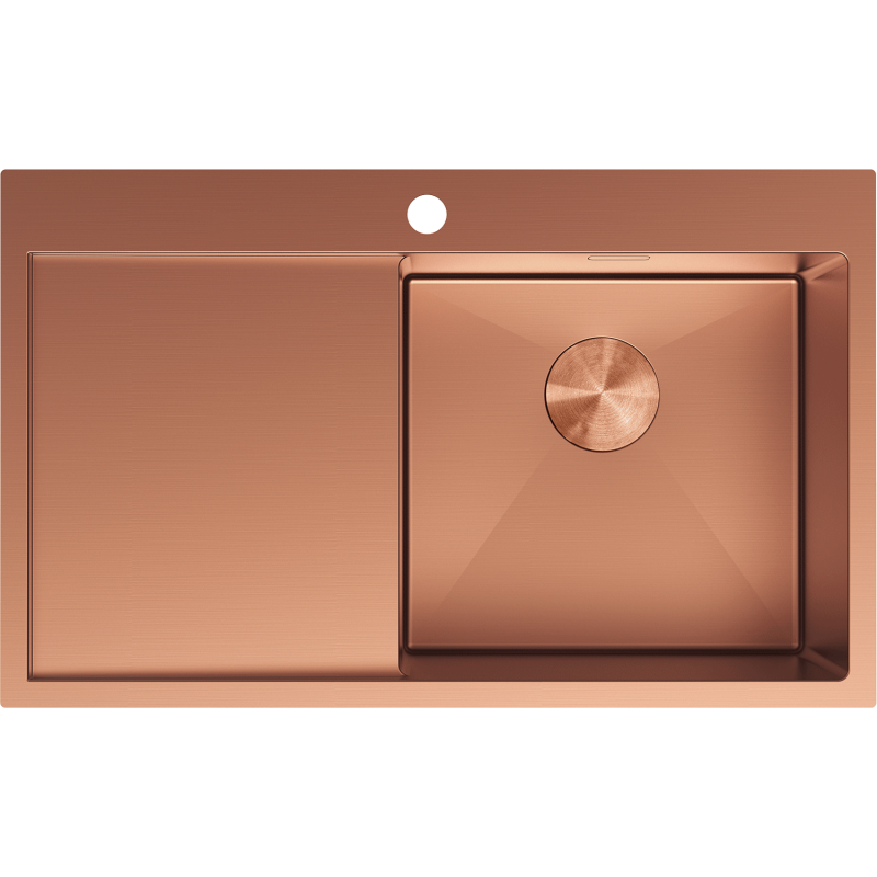 Kjøkkenvask i stål 780 x 480 mm, kobber, sett ovenfra med høyre kum og venstre avrenner.