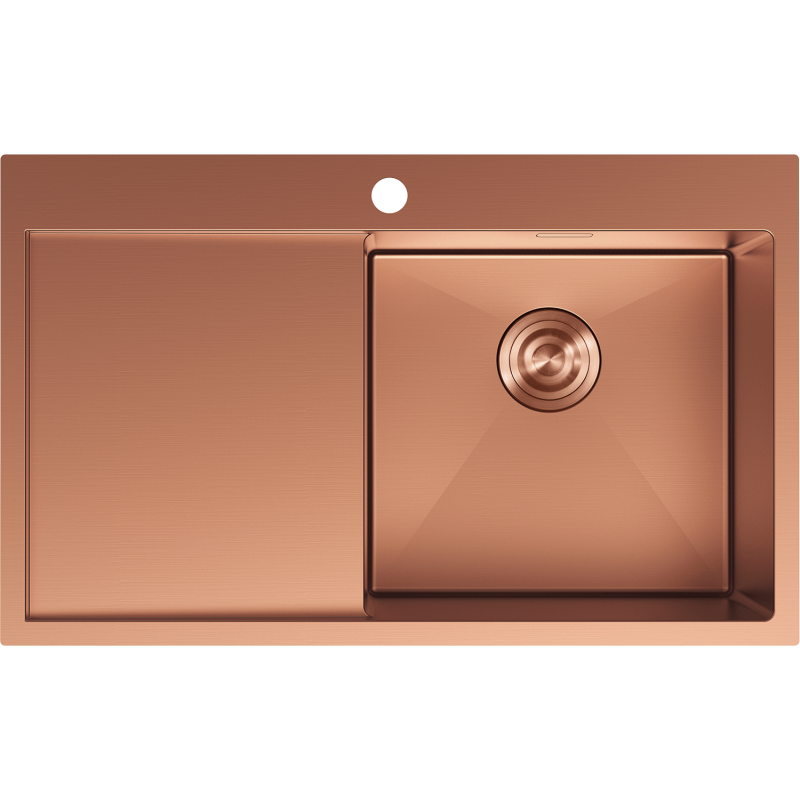 Stålvask Mexen 6434781010p-65 i børstet kobber med høyre kum og venstre avrenner, sett ovenfra.