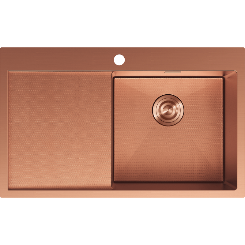 Stålvask Mexen 6434781010p-65hc i børstet kobber, én kum til høyre og avrenner til venstre.