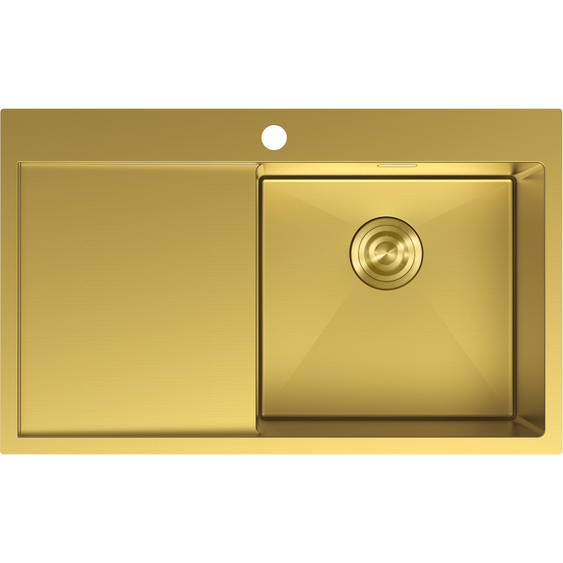 Stålvask Mexen 6434781010p-55 i gull, sett ovenfra med stor kum til høyre og avrenner til venstre.