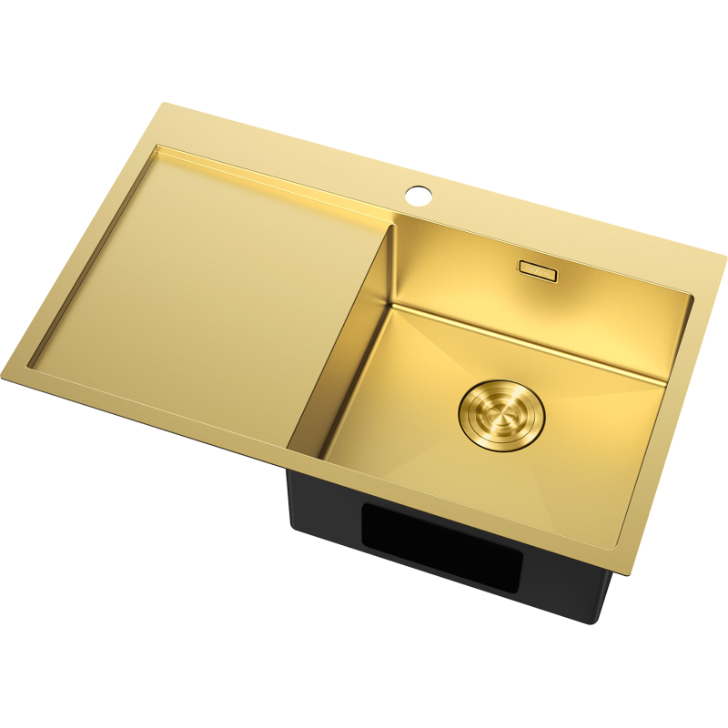 Kjøkkenvask Rustfritt Stål gull Mexen 780 x 480 mm, én kum, høyre avrenner, sett ovenfra.