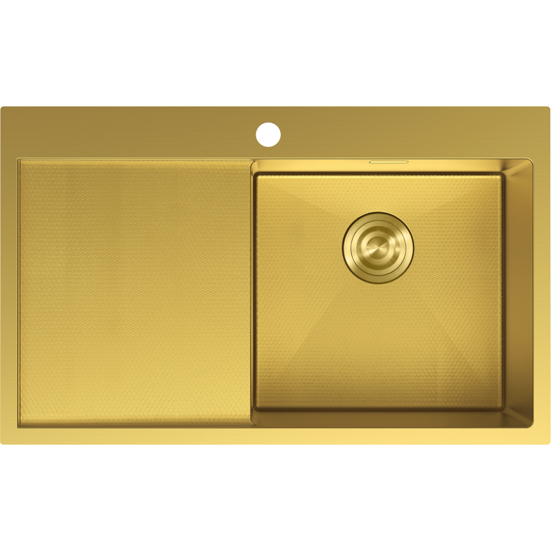Stålvask Mexen 6434781010p-55hc i gull, sett ovenfra med én kum og høyre avrenningsflate.