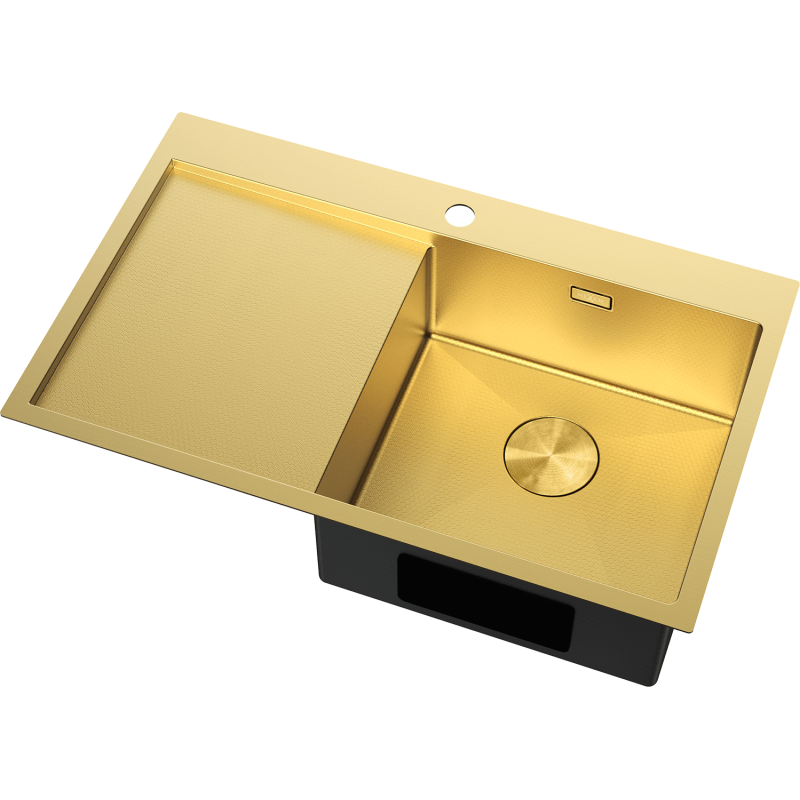 Stål Kjøkkenvask gullfarget rektangulær modell med én kum og høyre avrenner, sett ovenfra.