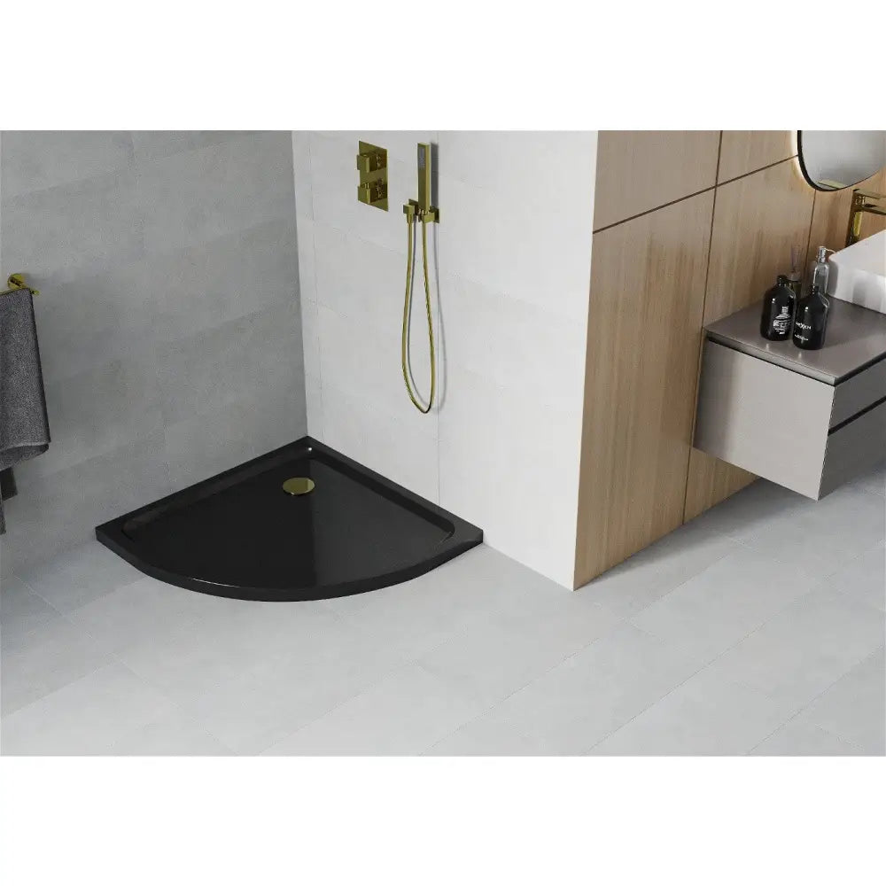 Mexen Flat Halvrund Slim Dusjbunn 70x70 Cm Svart med Gullfarget Sluk - 41707070g