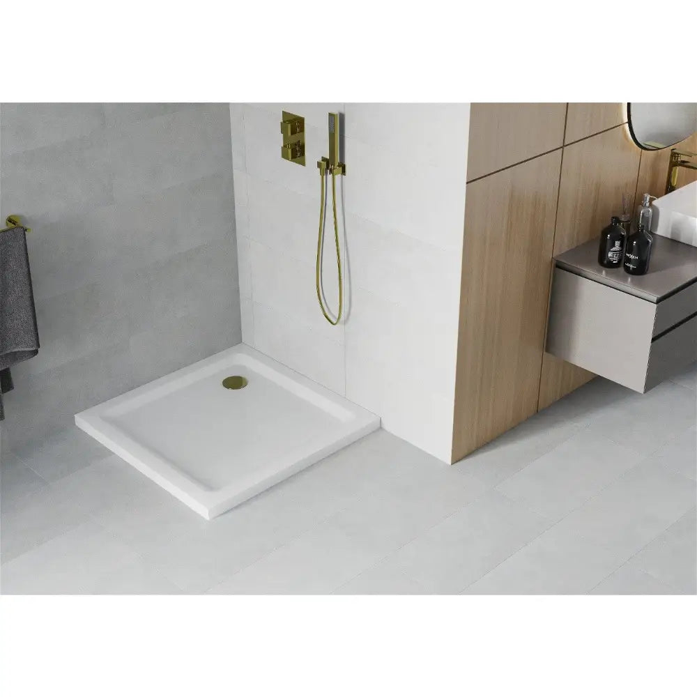 Mexen Flat Kvadratisk Dusjbrett Slim 70x70 Cm Hvit Gullfarget Sluk - 40107070g.